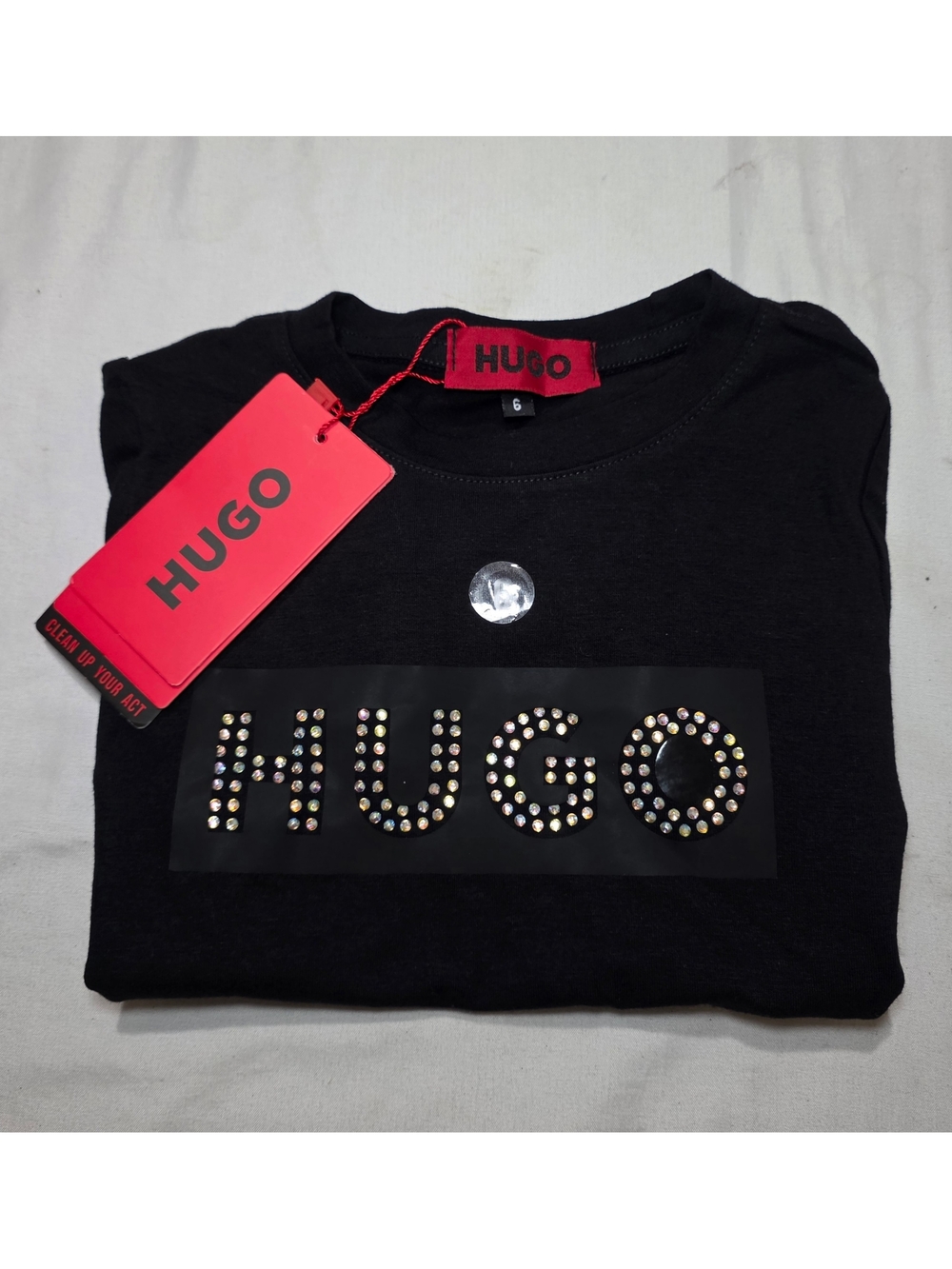 HUGO Black Kids Top with Studded Logo and Red Tag